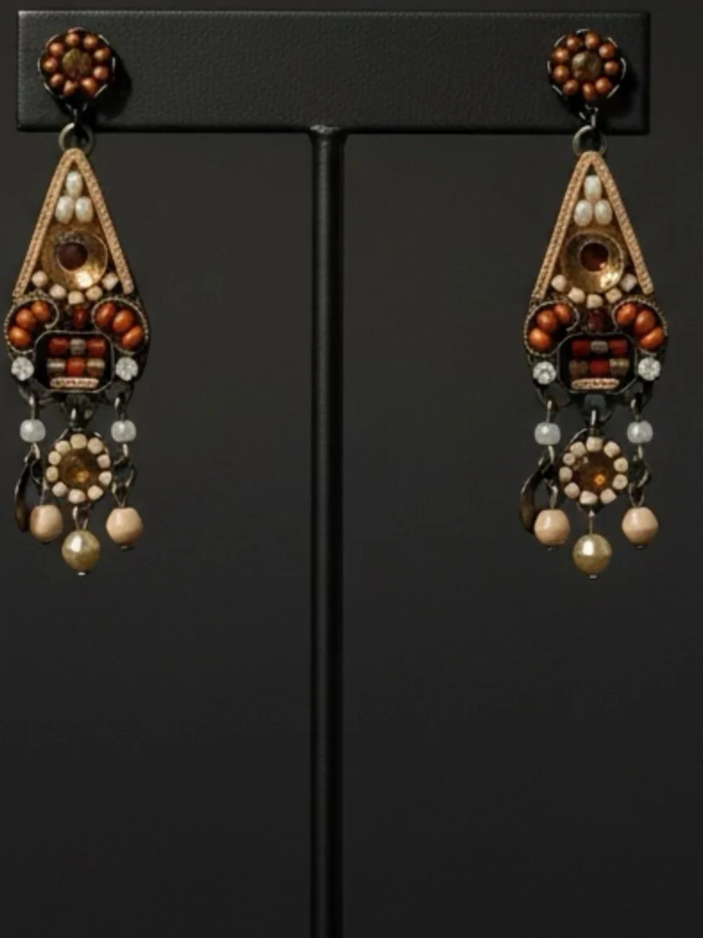 Ayala Bar Brown Dangle Earrings Mosaic and Rhinestone Earth Tones Boho Artisan - Picture 5 of 6